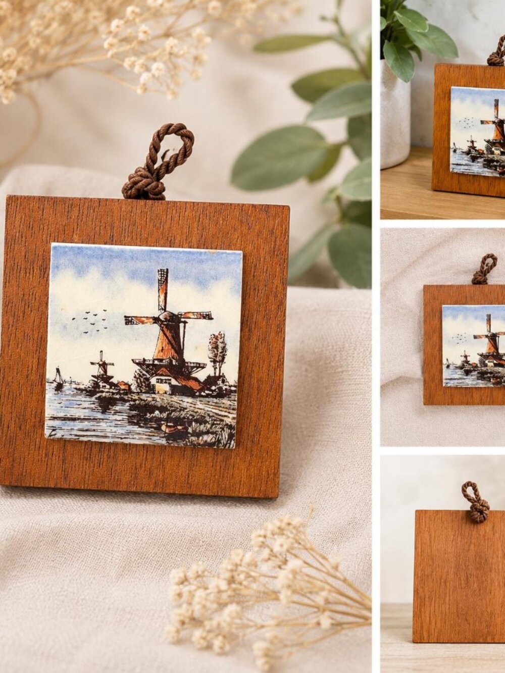 Vintage Dutch Windmill Ceramic Tile Plaque, Wood Frame, Holland Scene Wall Decor